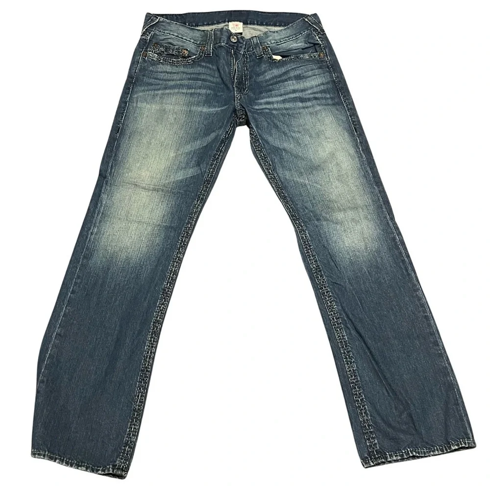 Vintage Y2K True Religion Jeans Men’s Straight Embroidered Logo Blue 36 X 32